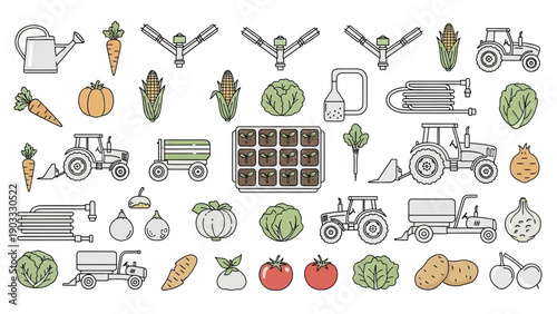 Agricultural icons collection featuring tractors, farming equipment, and produce illustrations in a simple style