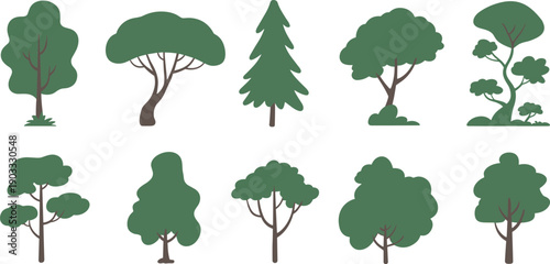 Stylized tree and shrub set illustration, green forest plants collection for nature landscape design, flat cartoon vector isolated white background