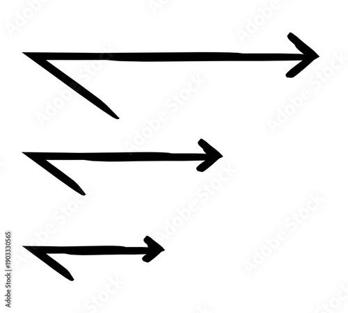 Acute right arrows in size variation hand-drawn sketch graphic element set. Sharp transition. Visual cue. Doodle direction. Minimal black pointers. Ink freehand symbols. Scribble illustration