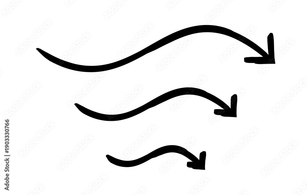 Obraz premium Squiggly curved arrows pointing down hand-drawn sketch graphic element set. Downward flow in fluid motion. Doodle direction. Minimal black pointers. Ink freehand symbols. Scribble illustration