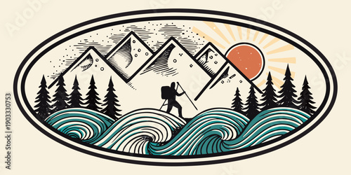 A lone hiker treks through a stylized mountain and wave landscape