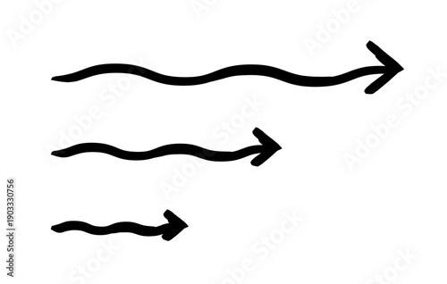 Wobbly wavy arrows pointing to right hand-drawn sketch graphic element set. Organic movement. Forward navigation. Doodle direction. Minimal black pointers. Ink freehand symbols. Scribble illustration