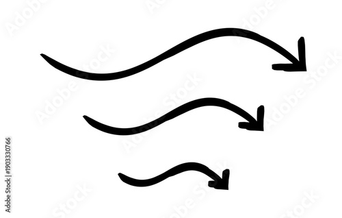 Squiggly curved arrows pointing down hand-drawn sketch graphic element set. Downward flow in fluid motion. Doodle direction. Minimal black pointers. Ink freehand symbols. Scribble illustration