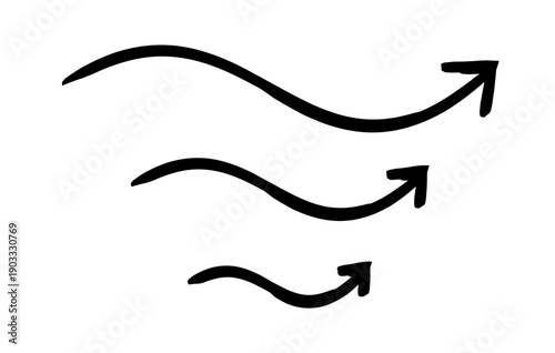 Squiggly curved arrows pointing up hand-drawn sketch graphic element set. Wiggly moving forward upward path. Doodle direction. Minimal black pointers. Ink freehand symbols. Scribble illustration