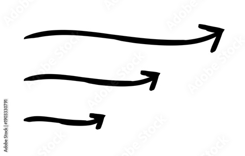 Rightward curved arrows upward hand-drawn sketch graphic element set. Smooth rise. Flowing path up. Doodle direction. Minimal black pointers. Ink freehand symbols. Scribble illustration