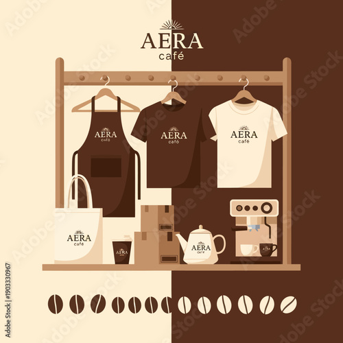 Aera Cafe Merchandise on Wooden Shelves Display.