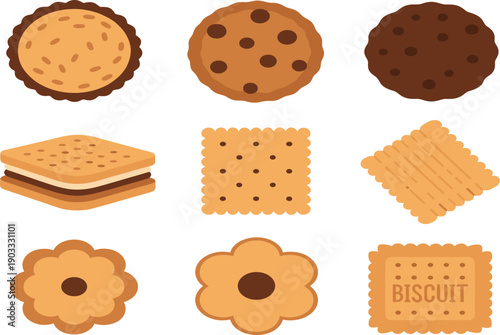 Assorted Biscuit and Cookie Collection with Chocolate Sandwich and Pretzel Isolated on White Background Flat Vector Illustration