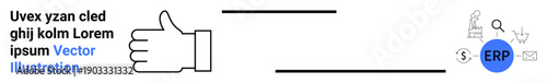 Business management, approval process, ERP systems, data analysis, productivity, workflow. A thumbs up icon with business-related symbols and ERP logo. Business management and approval process