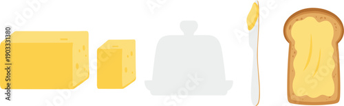 Butter Blocks Toast Bread and Butter Knife Flat Vector Illustration Set Isolated on White Background