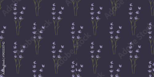 Dark purple floral seamless pattern. Flower stems background. Lavender blooming continuous print for textiles, design, wallpaper, book cover, vector graphics