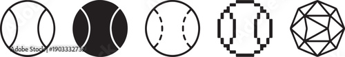 A row of five small black and white icons illustrating different styles of baseballs on a white background Vector
