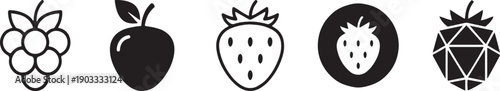 A collection of five black and white icons representing various fruits and berries Vector