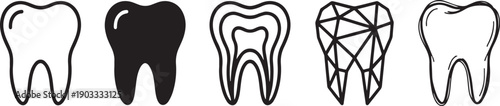 A set of five different tooth icons illustrating various dental health conditions and issues. Vector