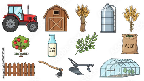 Farm scene illustration featuring tractor, barn, silo, and various agricultural elements in a rural setting
