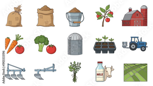 Agricultural icons representing farming and harvest activities in a rural setting