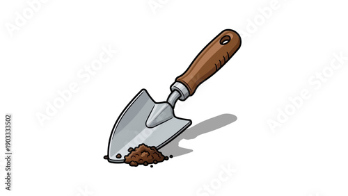 Garden trowel with wooden handle digging into soil, viewed from above, illustrative graphic design