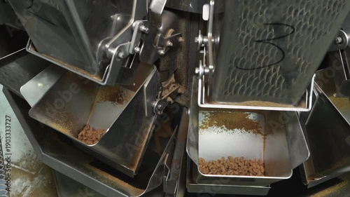 Multihead weigher machine precisely portions dry granular pet food on an automated industrial packaging line