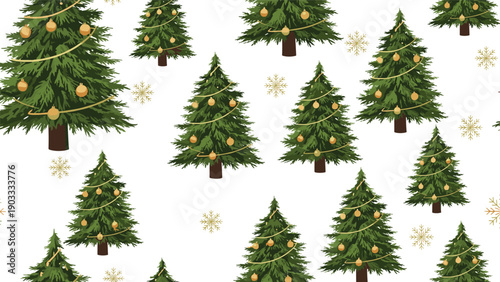 Festive seamless pattern featuring decorated green Christmas trees and golden snowflakes on a clean white background for holidays.