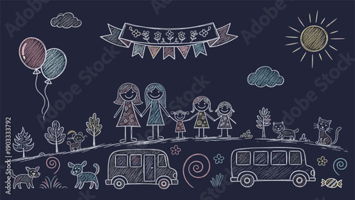 Chalk drawing on a dark blackboard background depicting a happy family, school bus, pets, and nature for education themes.