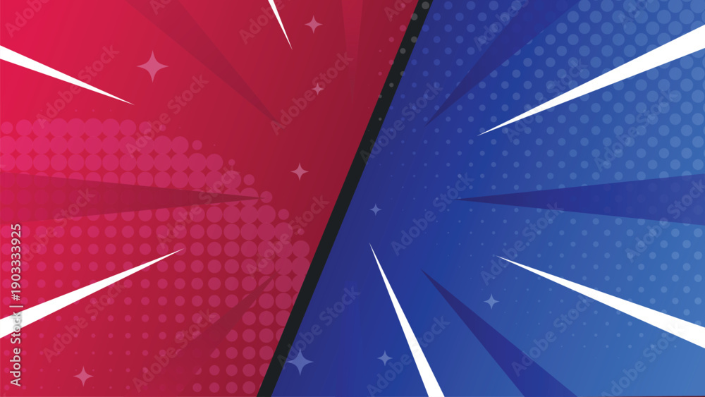 Fototapeta premium Halftone comic action background vector illustration with red and blue split panel, dotted texture and dynamic speed lines. Pop art design for banners, posters, covers and social media.