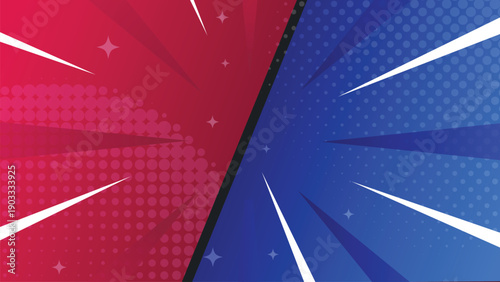 Halftone comic action background vector illustration with red and blue split panel, dotted texture and dynamic speed lines. Pop art design for banners, posters, covers and social media.