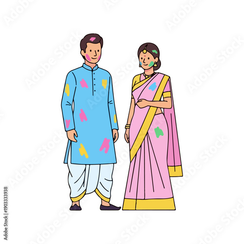 Happy Indian couple in traditional clothing celebrating Holi festival