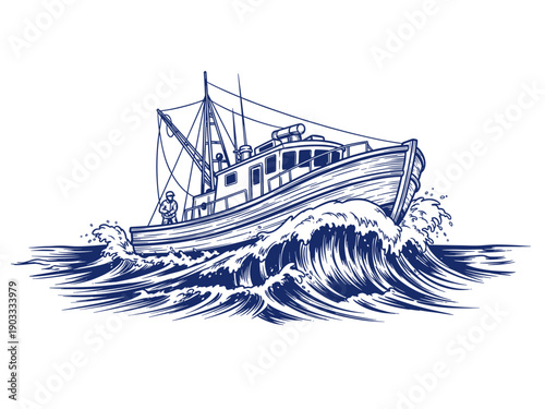 Nautical Fishing Boat Riding Rough Ocean Waves, Hand Drawn Vintage Engraving Style Vector Illustration of a Commercial Trawler.