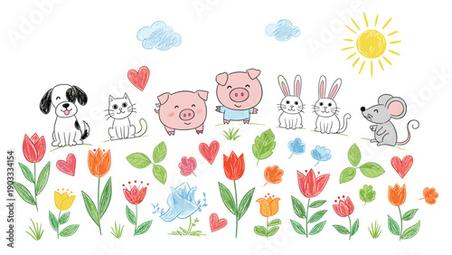 Playful collection of hand-drawn animals, flowers, and hearts in a bright crayon style for children book and nursery decor.