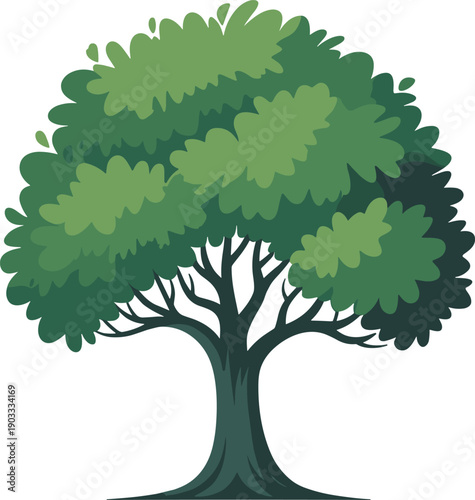 Green tree illustration, lush broad canopy with layered foliage, natural forest element for landscape design isolated on white background