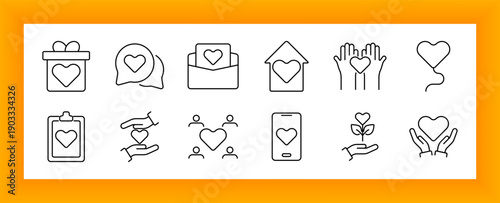 Charity and care set icon. Hearts, hands, clipboards, homes, envelopes, speech bubbles, and plant sprouts outlined to depict love, giving, support, volunteering, and wellbeing.