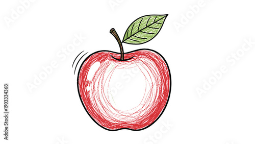 Red apple with green leaf and stem illustrated in a detailed colored pencil sketch style on a plain white background.