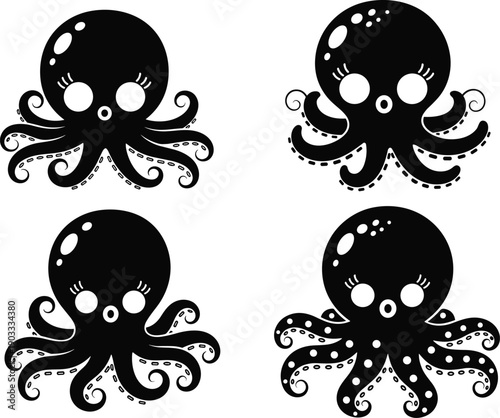 Cute Octopus Silhouette Vector Set for Cricut Crafts, Kawaii Sea Animal Icon Collection, Black Marine Life Clipart for Stickers and T-Shirt Design
