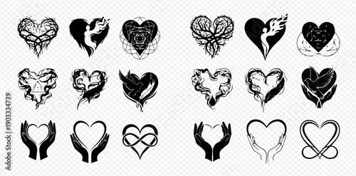 Set of black and white heart designs, including hands holding hearts, abstract shapes, and infinity symbols, perfect for love and relationship themes.