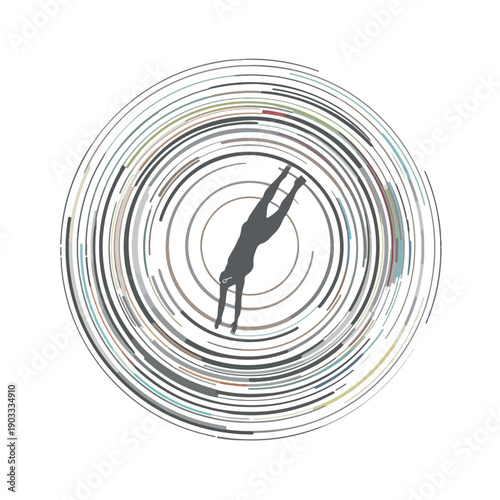 Dynamic figure in mid air surrounded by colorful circular motion