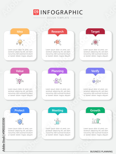 Infographic design template. Timeline concept with 9 options or steps template. layout, diagram, annual, report, presentation. Vector illustration.