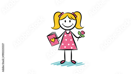 Happy stick figure girl with yellow pigtails wears a pink polka dot dress while holding a book and a flower.