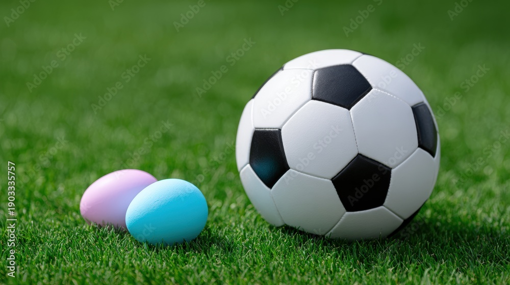 Fototapeta premium Soccer ball placed on green grass with pastel-colored Easter eggs nearby, creating a playful and festive atmosphere suitable for spring celebrations and sports events
