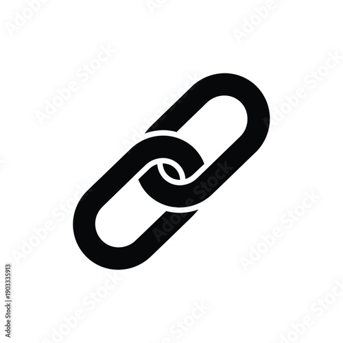 A black, graphic icon representing a link or chain link is displayed against a white background.