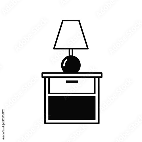 A simple illustration of a table lamp on a nightstand with a drawer.