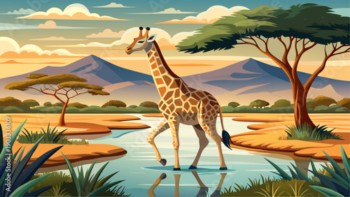 Very beautiful giraffe walking calmly along a wetland edge, its long neck reflected in still water, expressing elegance, balance, and the peaceful rhythm of African wilderness.