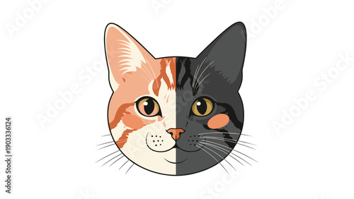 Close up illustration of a cat face features unique split coloring with ginger and black fur on either side.