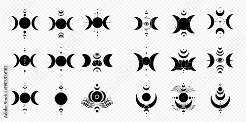 Triple Goddess symbol vector set, Wiccan pagan magic icon, moon phases, spiritual alchemy sign, wicca tattoo design, isolated on transparent background.