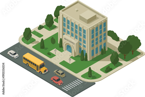 Isometric city hall mayor office illustration, municipal government building with street cars bus trees, urban administration concept isolated white background