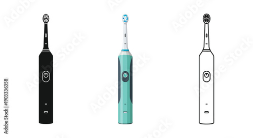 Electric toothbrush illustration in silhouette, color, and outline styles