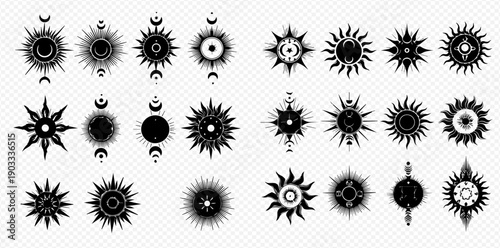 Set of mystical sun and moon symbols, celestial stars, and astrological elements for spiritual and esoteric designs.