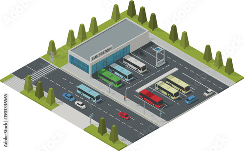 Modern bus station isometric illustration, urban public transport terminal with buses cars roads trees, city transit infrastructure isolated white background
