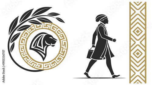 Ancient Greek Style Circular Frame with Female Silhouette Vector