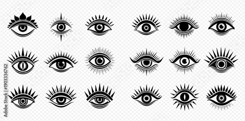 Collection of various evil eye symbols, mystical occult signs, and esoteric tattoo designs.