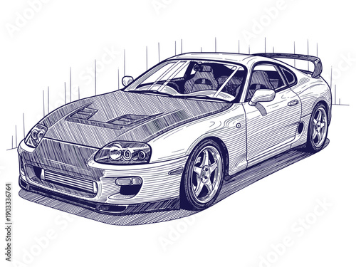 Highly Detailed Engraving Sketch of an Iconic JDM Sports Car Coupe. Vintage Style Hand-Drawn Performance Vehicle Illustration.