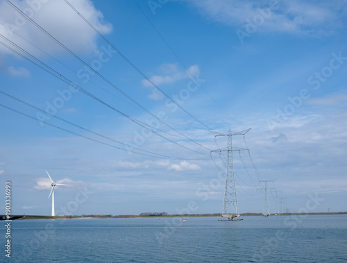 High-voltage pylons in the Ketelmeer, Flevoland province, The Netherlands